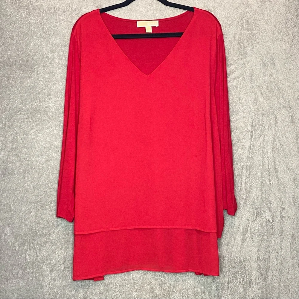 Micheal Michael Kors Womens Top 2X Red Solid 3/4 Sleeve V Neck Tiered Casual P11 - Picture 1 of 6